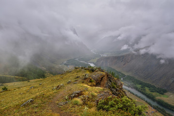 mountains valley river fog cloudy