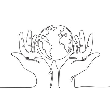 recommend clip art: One line drawing of hands holding Earth globe. Save the planet concept.