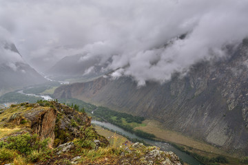 Fototapeta na wymiar mountains valley river fog cloudy