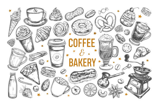 Coffee and Bakery set. Vector hand drawn isolated objects. Sketch icons