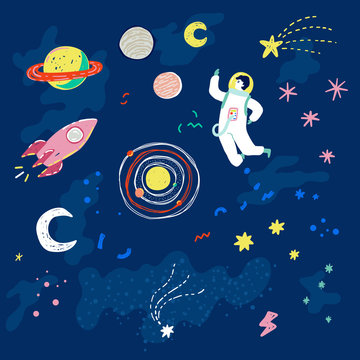 Trendy retro 90s style vector illustration with cartoon stars, planets, moon, space ship and astronaut.