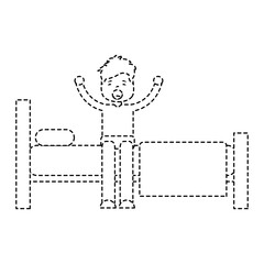 young man waking up sitting on bed with arms stretched vector illustration sticker image design
