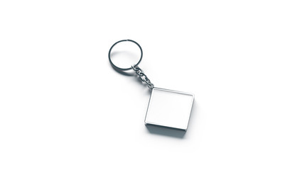 Blank metal rhombus white key chain mock up side view, 3d rendering. Clear silver keychain design mockup isolated. Empty plain keyring souvenir holder template. Steel trinket label