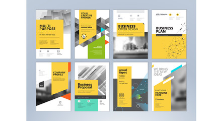 Set of business brochure, annual report, flyer design templates in A4 size. Vector illustrations for business presentation, business paper, corporate document cover and layout template designs. - obrazy, fototapety, plakaty
