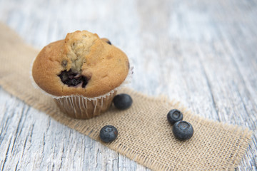 Blueberry muffins with blueberries on a wooden background 