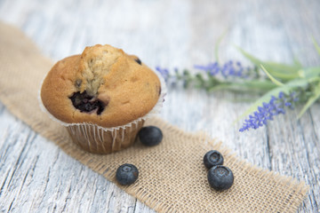 Obraz na płótnie Canvas Blueberry muffins with blueberries on a wooden background 