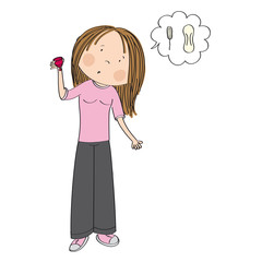 Surprised teenage girl or young woman standing and holding menstrual cup wondering whether it is better than menstrual tampons or pads - original hand drawn illustration