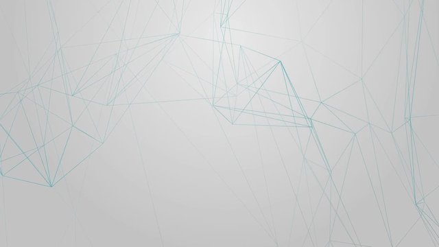 Blue polygonal background illuminated wireframe. Triangles and connections with multiple points. Complex system in motion in space. 3D animation that can be used in technology and internet projects