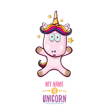 vector funny cartoon cute pink fairy unicorn isolated on white background. My name is unicorn vector concept illustration. funky hand drawn character