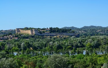 June 23, 2016 6:00 pm Avignon, Provence, France. View from the hill of the city from towards Chateau De Villeneuve Les Avignon over the Rhone.