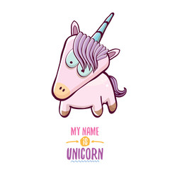 vector funny cartoon cute pink fairy unicorn isolated on white background. My name is unicorn vector concept illustration. funky hand drawn character