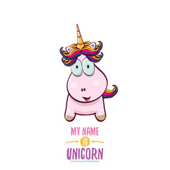 vector funny cartoon cute pink fairy unicorn isolated on white background. My name is unicorn vector concept illustration. funky hand drawn character