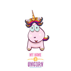 Naklejka premium vector funny cartoon cute pink fairy unicorn isolated on white background. My name is unicorn vector concept illustration. funky hand drawn character
