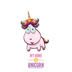 vector funny cartoon cute pink fairy unicorn isolated on white background. My name is unicorn vector concept illustration. funky hand drawn character