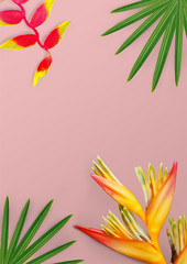 Tropical flowers and leaves on pink background.