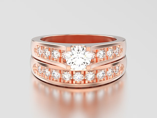3D illustration set of two rose gold decorative diamond rings with hearts ornament