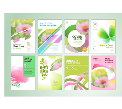 Set of natural product brochure, annual report, flyer design templates. Vector illustrations for beauty, organic products and cosmetics presentation, document cover and layout template designs.