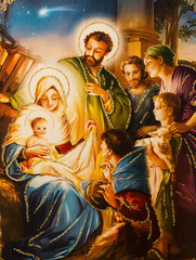 Obraz premium Christmas picture with Jesus and his family.