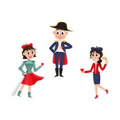 vector flat french parisian culture, traditional people set. Woman in red beret, long skirt, striped tshirt drinking wine, holding croissant, another girl in Joan of Arc man in Napoleon costume.
