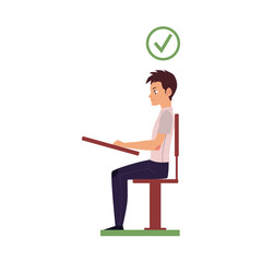 Correct neck and spine alignment of young cartoon man character sitting at desk writing. healthy head bending positions, inclination of neck. Spine care concept. Vector isolated illustration