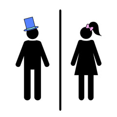Flat vector: icon of a man and a woman on a white background. Isolated toilet sign. Black figures. gentleman in a blue hat, a lady with a pink bow and a tail on her head. 