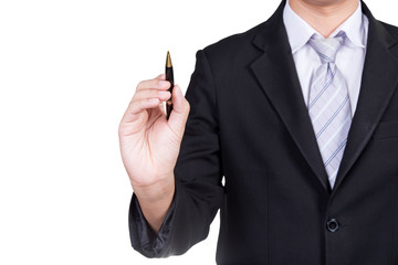 close up of a businessman writing drawing on the screen with clipping path isolated on white background