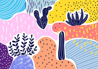 Gordijnen Creatieve geometrische kleurrijke achtergrond met patronen. Collage. Ontwerp voor prints, posters, kaarten, enz. Vector. © sobakapavlova