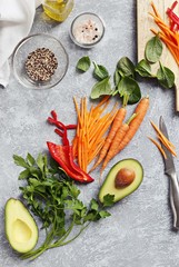 Quinoa and fresh vegetables. Healthy vegan quinoa salad ingredients. 