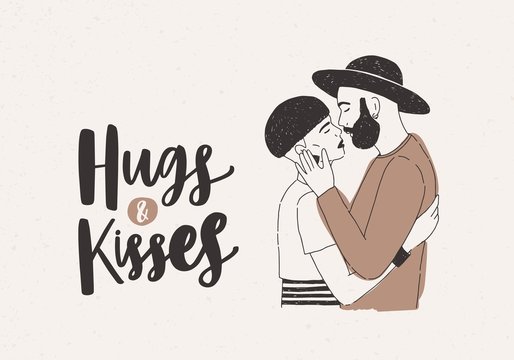 February 14 greeting card or postcard template with pair of embracing young stylish man and woman dressed in trendy clothes and Hugs and Kisses inscription on light background