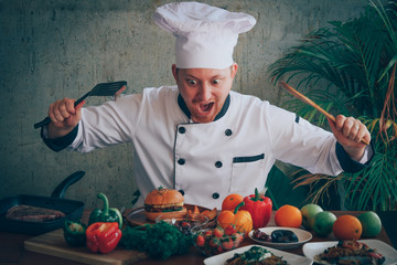 chef and many food in the kitchen