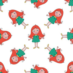 Cute funny girl seamless pattern on white background