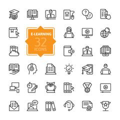 E-learning, online education elements - minimal thin line web icon set. Outline icons collection. Simple vector illustration.