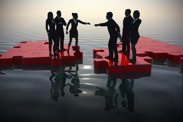 Two teams merging on a jigsaw puzzle at dawn as 3d render.

Two teams of managers merging on a jigsaw puzzle at dawn showing a partnership.