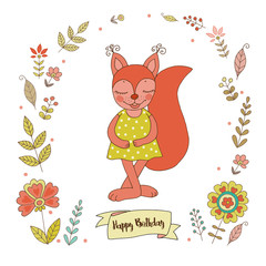 Cute squirrel with vintage frame for your design in doodle style.
