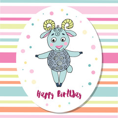 Cute sheep on multicolored background with stripes