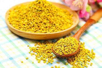 Bee pollen in wooden plate and spoon