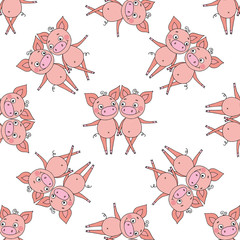 Cartoon seamless pattern with funny doodle pig