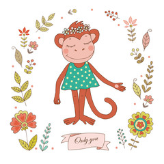 Cute monkey with vintage frame for your design in doodle style.