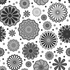 Black and white circle daisy gerbera flowers natural seamless pattern, vector