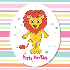 Cute lion on multicolored background with stripes