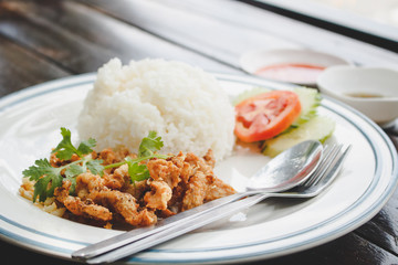 Fried Pork with garlic and pepper on rice, Thai Food