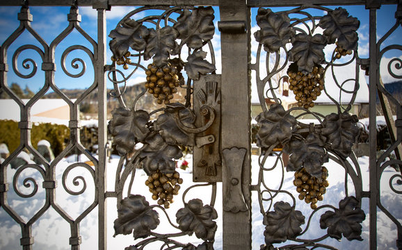 forged floral ornament, grapes leaves and bunches form, on the gate