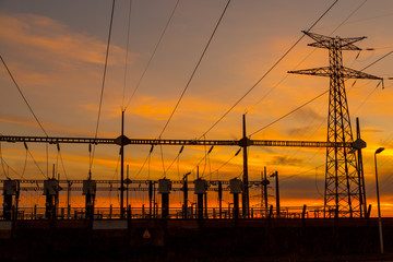Wire electrical energy at sunset