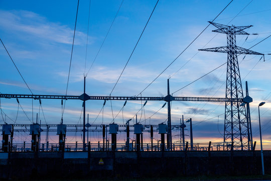 High-voltage power lines at electricity distribution station
