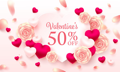 Valentine Special offer and sale with text "50% off",Sweet heart and Pink rose for Valentine's Day Brochures or Banner.Vector illustration EPS10.