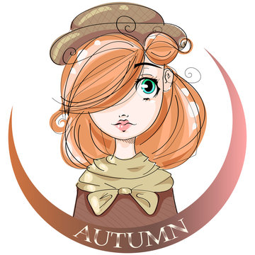 Autumn style cute girl with red hair, beauty fashion woman portrait, cartoon character, hand drawn vector illustration