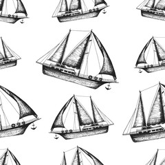 Nautical seamless pattern. Hand drawn sailboat background. Engraved vector illustration.
