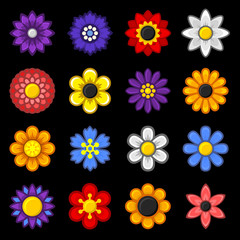 Color Flower Icons Set on Black Background. Vector