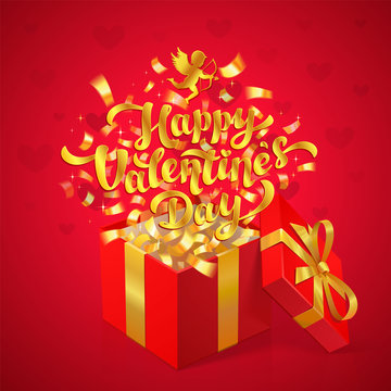 Sant Valentines Day greeting design. Gold Happy Valentines day lettering and cupid with red Gift box and gold confetti on red background.