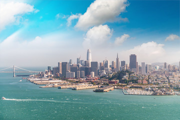 Amazing aerial skyline of San Francisco from helicopter, California - USA - obrazy, fototapety, plakaty